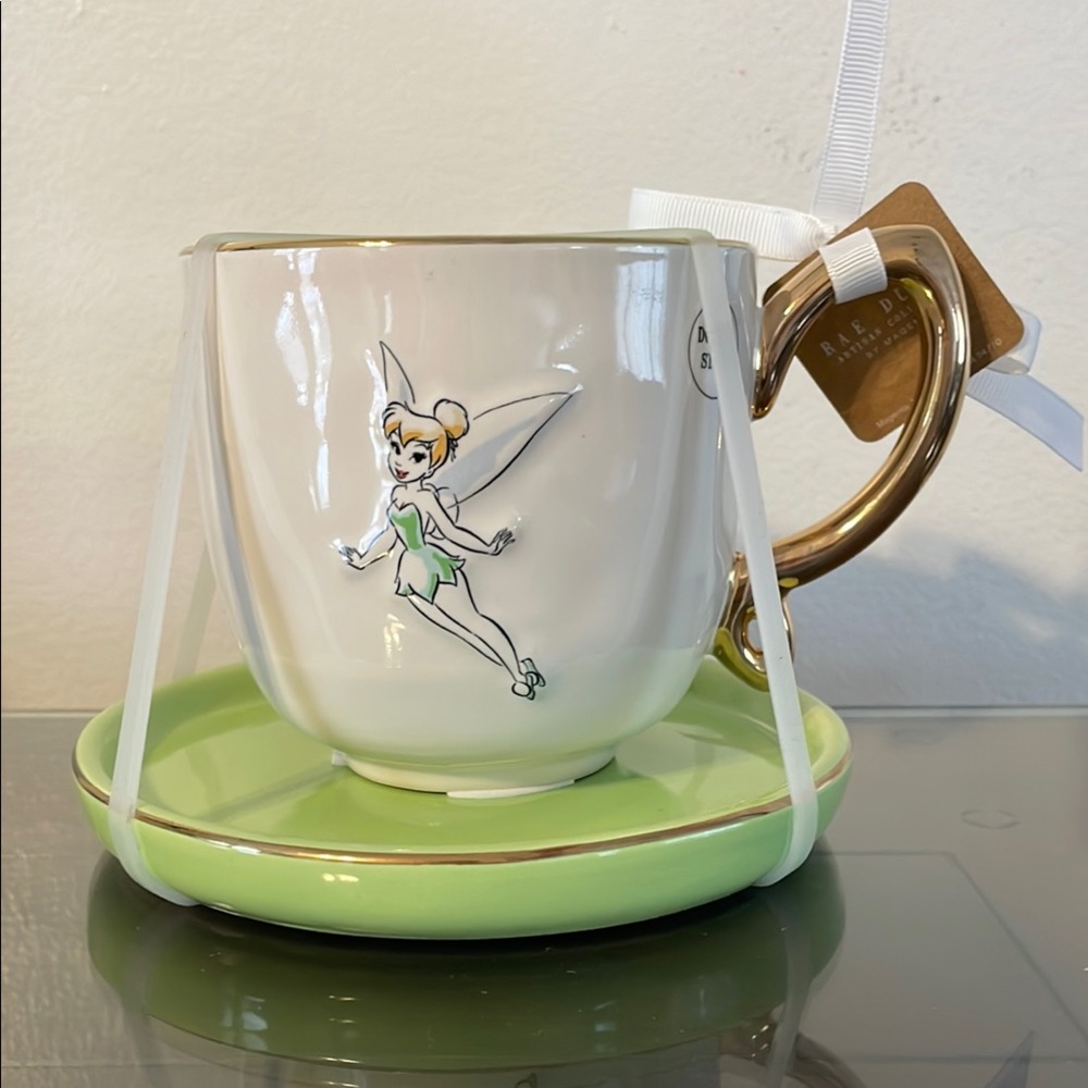 Tinker Bell Mug with Gold Handle and Green Saucer